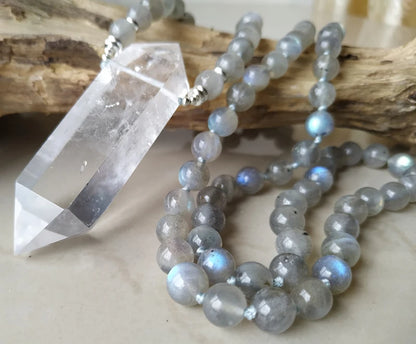 YA4007 Natural Clear Quartz Double Point Pendant Labradorite Stone Beads Knot Necklace 30inch long