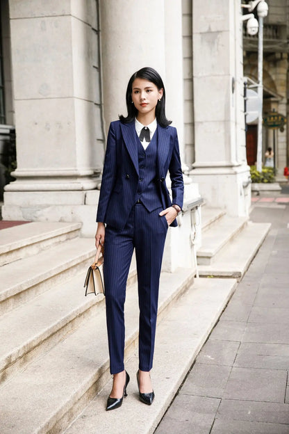 2022 Fashion Women Suits Office Lady Business Work Uniforms Formal Pant Suits Female 3 Piece Set Striped Pants Blazer and Vest