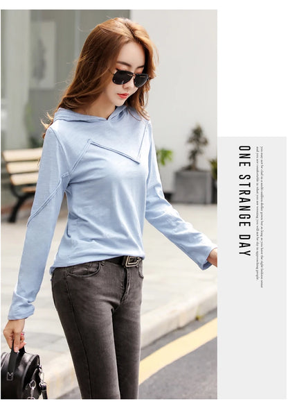 TuangBiang 2023 Spring Long Sleeve Hooded Bamboo Cotton T-shirts Stripe Patchwork Solid Color Tops Ladies Women Blue Tee Shirts