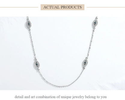 KALETINE 925 Sterling Silver Necklace Earrings Women Round Luck Evil Eye Ring Necklaces Blue Zircon Long Link Turkey Jewelry Set