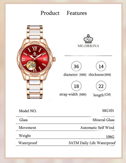 Montre Femme Rose Gold ORKINA Luxury Top Brand Women's Watches Ceramic Skeleton Design Ladies Automatic Mechanical Wristwatches