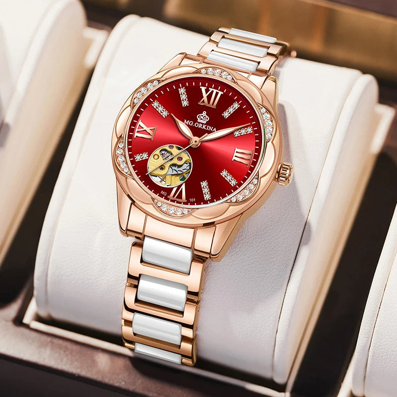 Montre Femme Rose Gold ORKINA Luxury Top Brand Women's Watches Ceramic Skeleton Design Ladies Automatic Mechanical Wristwatches