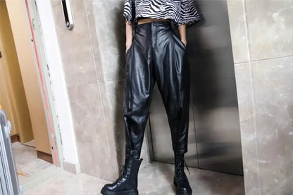 Women's Leather Pants, High Waist, Sheepskin Leather Pants, Ankle Length, Casual Loose Harem Pants,Spring Autumn