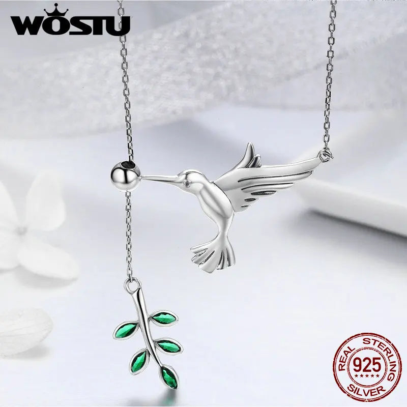 WOSTU High Quality 925 Sterling Silver Hummingbirds Birds Pendant Necklace For Women Luxury Brand Jewelry Gift CQN217