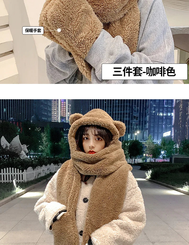 New Fashion Beanies Caps Winter Woman Scarf Cute Bear Ear Hat Girls Warm Head Hood Plush Hat Scarf Set Casual Women Bonnet Caps