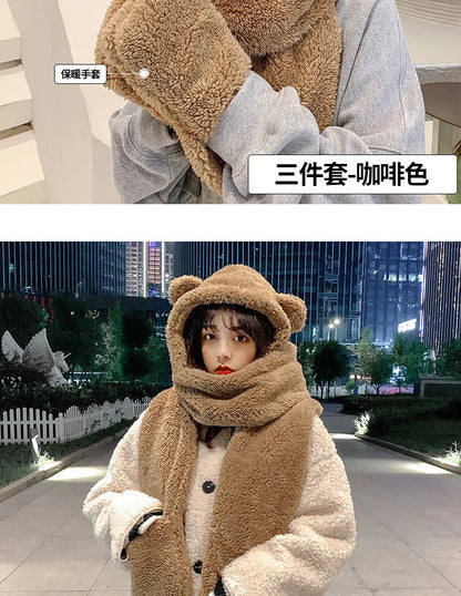 New Fashion Beanies Caps Winter Woman Scarf Cute Bear Ear Hat Girls Warm Head Hood Plush Hat Scarf Set Casual Women Bonnet Caps