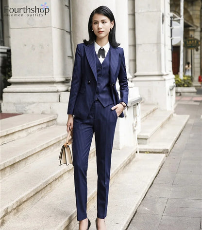 2022 Fashion Women Suits Office Lady Business Work Uniforms Formal Pant Suits Female 3 Piece Set Striped Pants Blazer and Vest