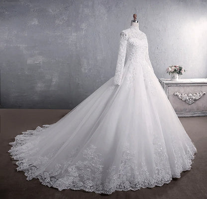 Muslim Wedding Dress 2021 Elegant High Neck With Train Princess Bride Dress Luxury Lace Embroidery Wedding Gown Vestido De Noiva