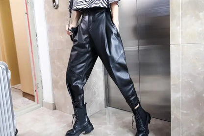 Women's Leather Pants, High Waist, Sheepskin Leather Pants, Ankle Length, Casual Loose Harem Pants,Spring Autumn