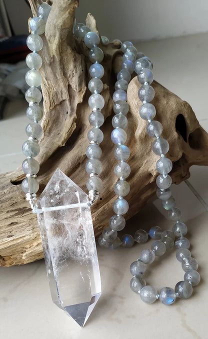 YA4007 Natural Clear Quartz Double Point Pendant Labradorite Stone Beads Knot Necklace 30inch long