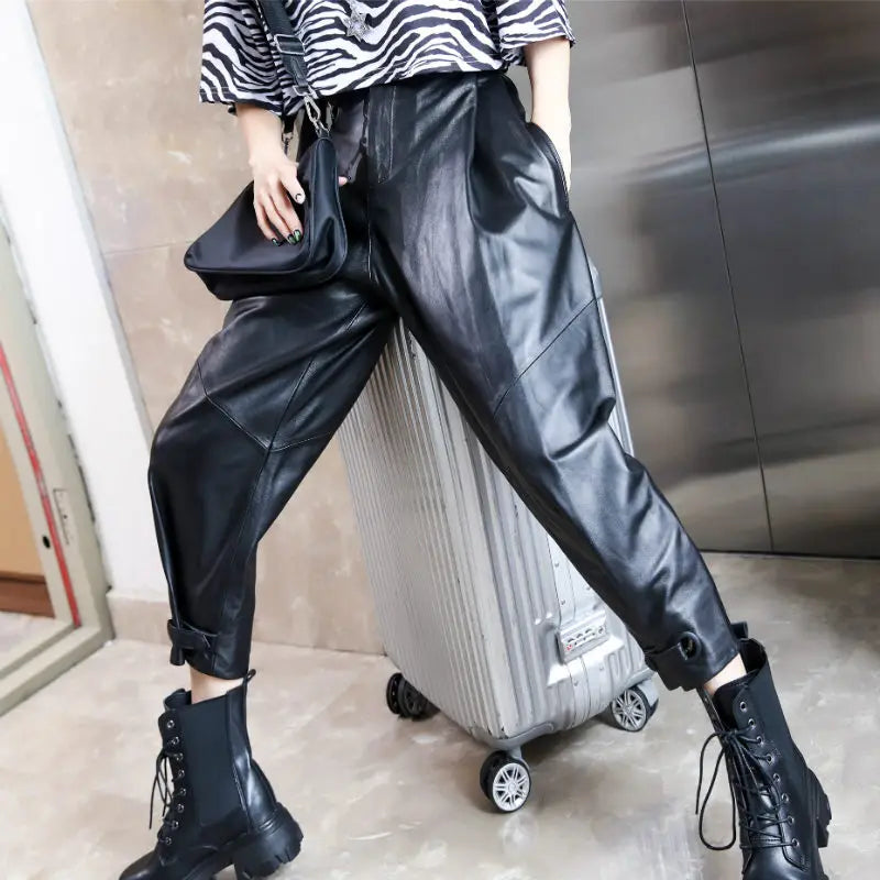 Women's Leather Pants, High Waist, Sheepskin Leather Pants, Ankle Length, Casual Loose Harem Pants,Spring Autumn