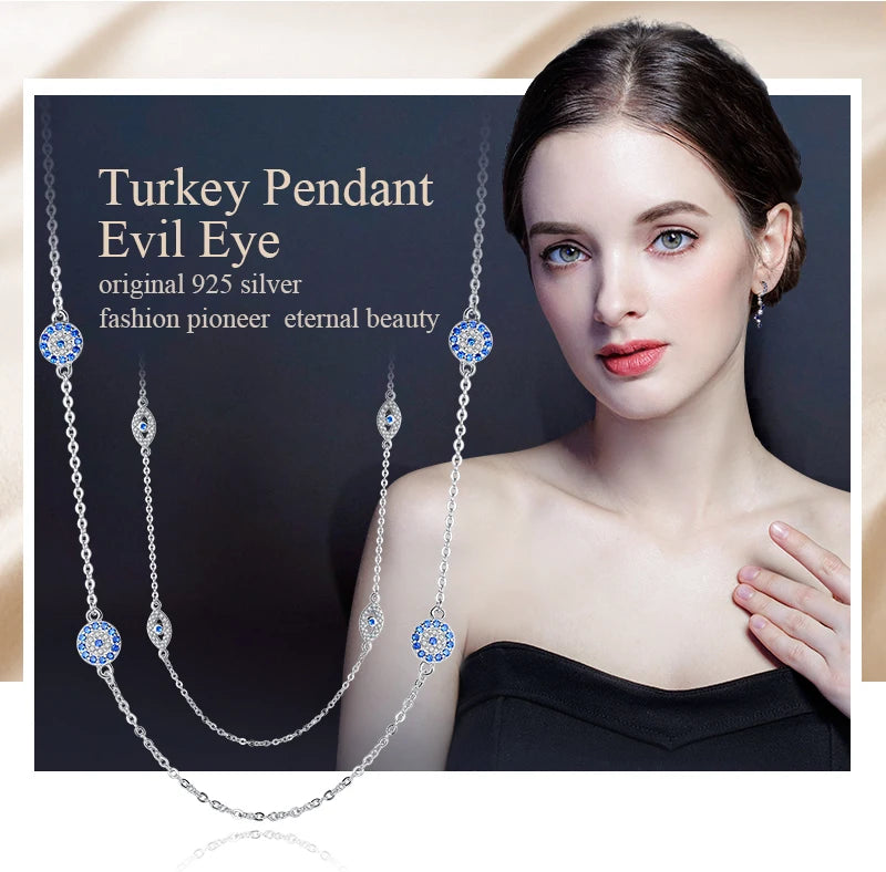 KALETINE 925 Sterling Silver Necklace Earrings Women Round Luck Evil Eye Ring Necklaces Blue Zircon Long Link Turkey Jewelry Set