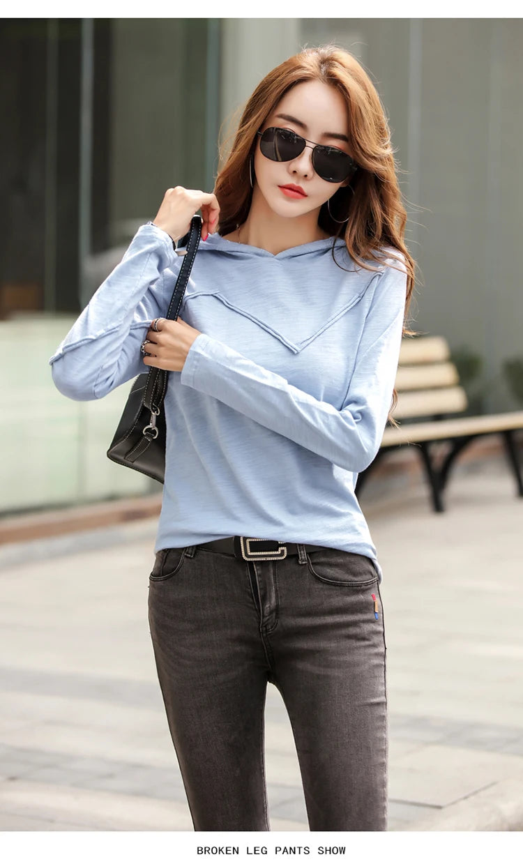 TuangBiang 2023 Spring Long Sleeve Hooded Bamboo Cotton T-shirts Stripe Patchwork Solid Color Tops Ladies Women Blue Tee Shirts