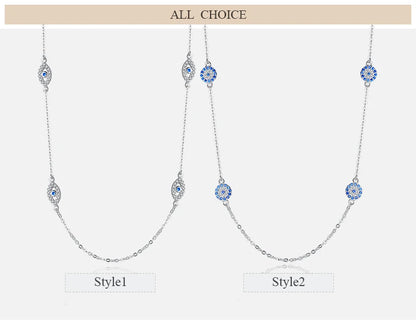 KALETINE 925 Sterling Silver Necklace Earrings Women Round Luck Evil Eye Ring Necklaces Blue Zircon Long Link Turkey Jewelry Set