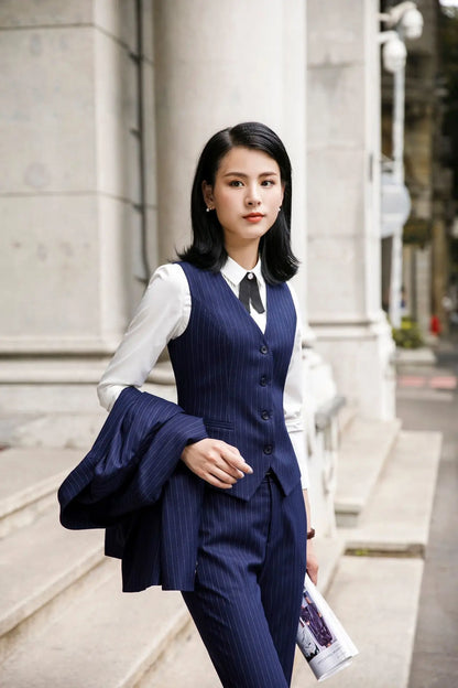 2022 Fashion Women Suits Office Lady Business Work Uniforms Formal Pant Suits Female 3 Piece Set Striped Pants Blazer and Vest