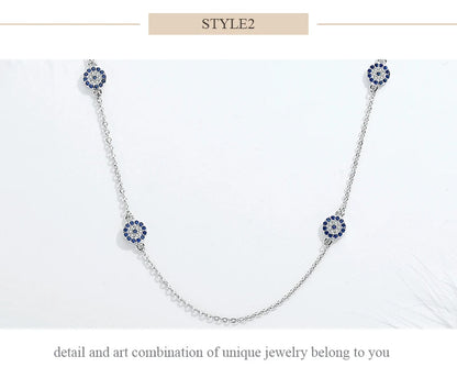 KALETINE 925 Sterling Silver Necklace Earrings Women Round Luck Evil Eye Ring Necklaces Blue Zircon Long Link Turkey Jewelry Set