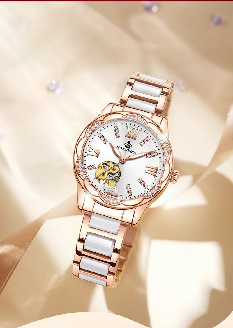 Montre Femme Rose Gold ORKINA Luxury Top Brand Women's Watches Ceramic Skeleton Design Ladies Automatic Mechanical Wristwatches