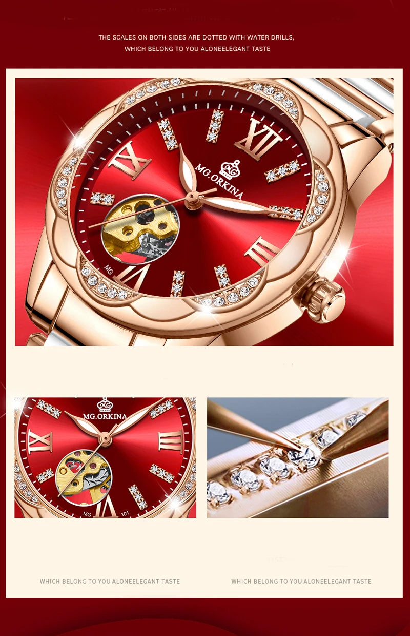 Montre Femme Rose Gold ORKINA Luxury Top Brand Women's Watches Ceramic Skeleton Design Ladies Automatic Mechanical Wristwatches