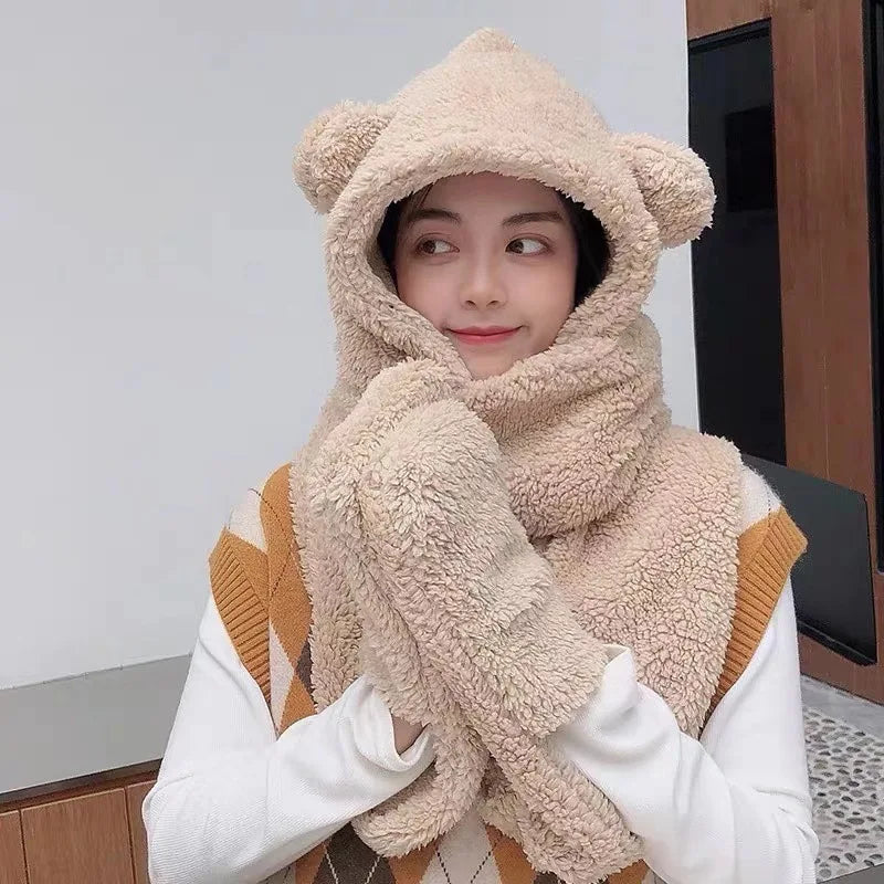 New Fashion Beanies Caps Winter Woman Scarf Cute Bear Ear Hat Girls Warm Head Hood Plush Hat Scarf Set Casual Women Bonnet Caps