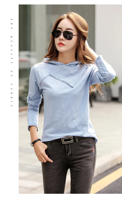 TuangBiang 2023 Spring Long Sleeve Hooded Bamboo Cotton T-shirts Stripe Patchwork Solid Color Tops Ladies Women Blue Tee Shirts