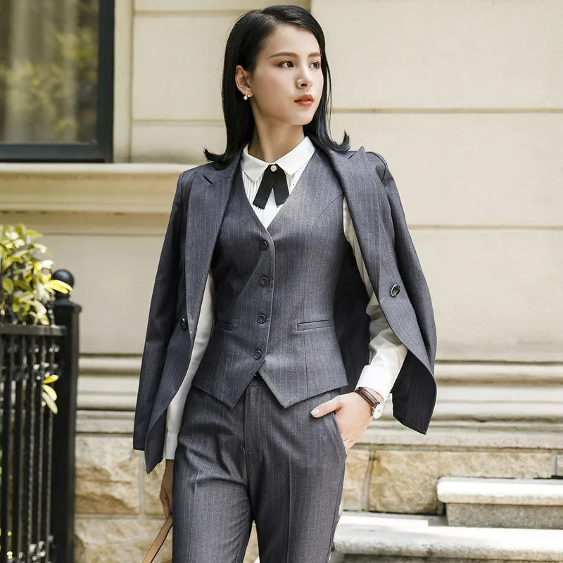 2022 Fashion Women Suits Office Lady Business Work Uniforms Formal Pant Suits Female 3 Piece Set Striped Pants Blazer and Vest