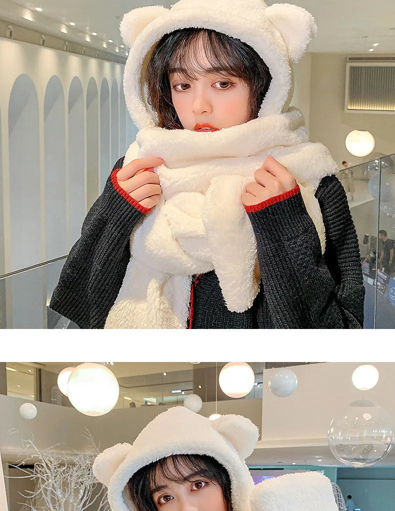 New Fashion Beanies Caps Winter Woman Scarf Cute Bear Ear Hat Girls Warm Head Hood Plush Hat Scarf Set Casual Women Bonnet Caps