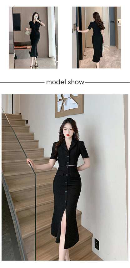 Elegant Formal 2 Pieces Outfits Women Professional Cropped Short Tops Shirt Blouse Slit Midi Skirt Sets Mujer Business Clothes