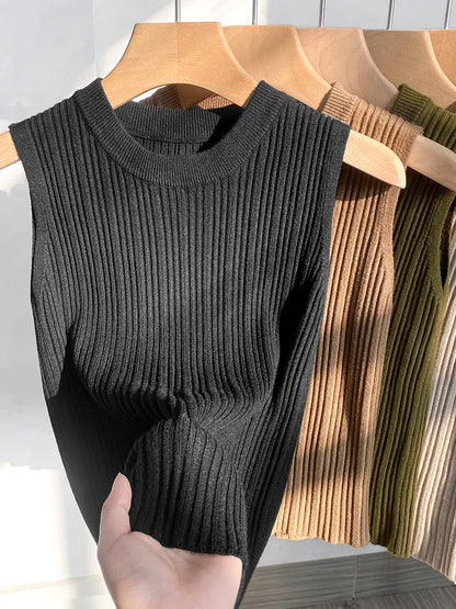 AOSSVIAO 2024 Korea Knitted Vests Women Top O-neck Solid Tank Blusas Y2K Summer New Fashion Female Sleeveless Casual Thin Tops