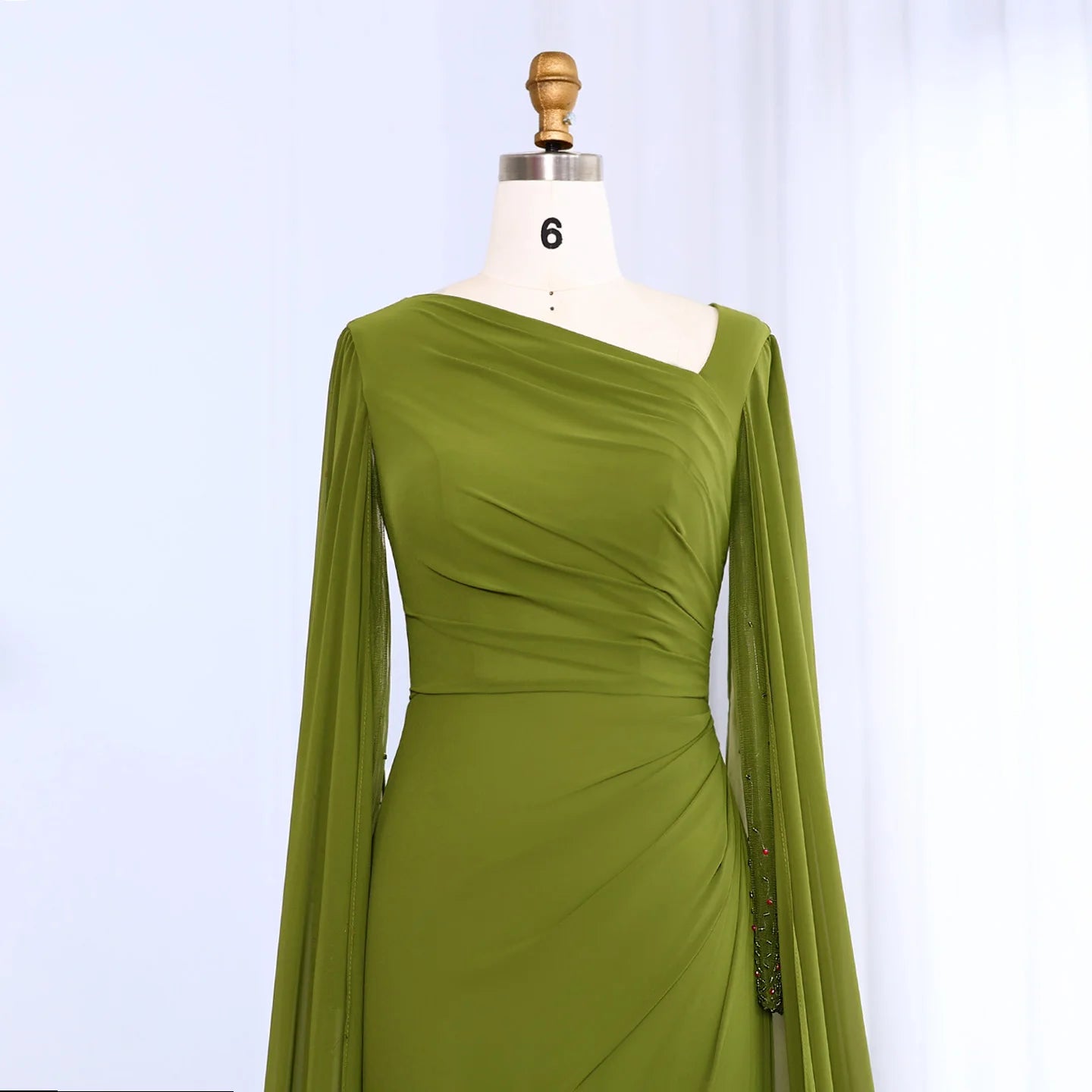 Sharon Said Custom Made Asymmetrical Sage Green Chiffon Arabic Evening Dress with Cape Sleeve For Women Wedding SF051 Customized