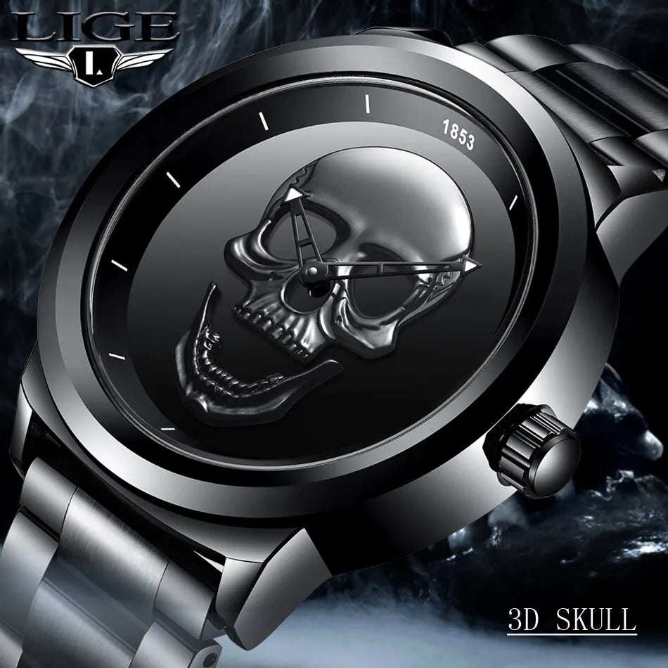 LIGE Top Brand 3D Skull Man Watch Fashion Creative Stainless Steel Quartz Watchs for Men Fashion Business Waterproof Male Clocks