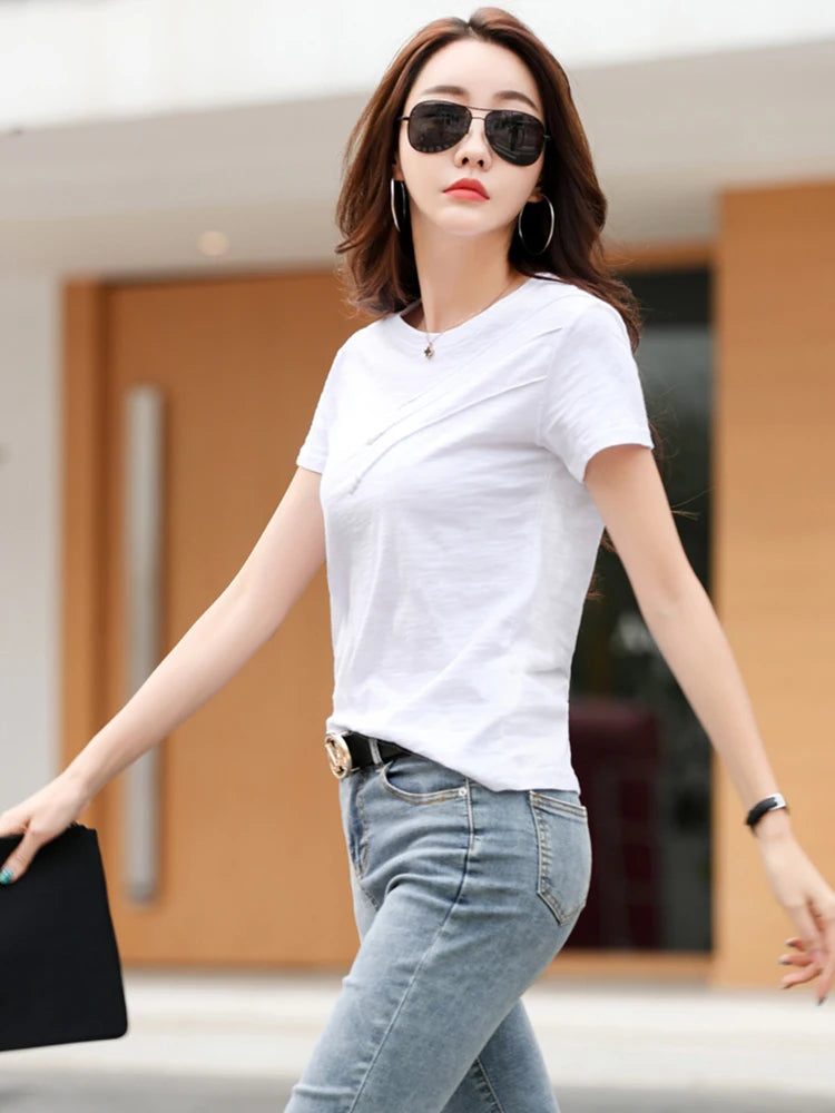 Summer Women Tee-Shirts Button Ribbed Cotton Top Loose Fashion T-shirts Women Streetwear Short Sleeve O-Neck Korean Tops