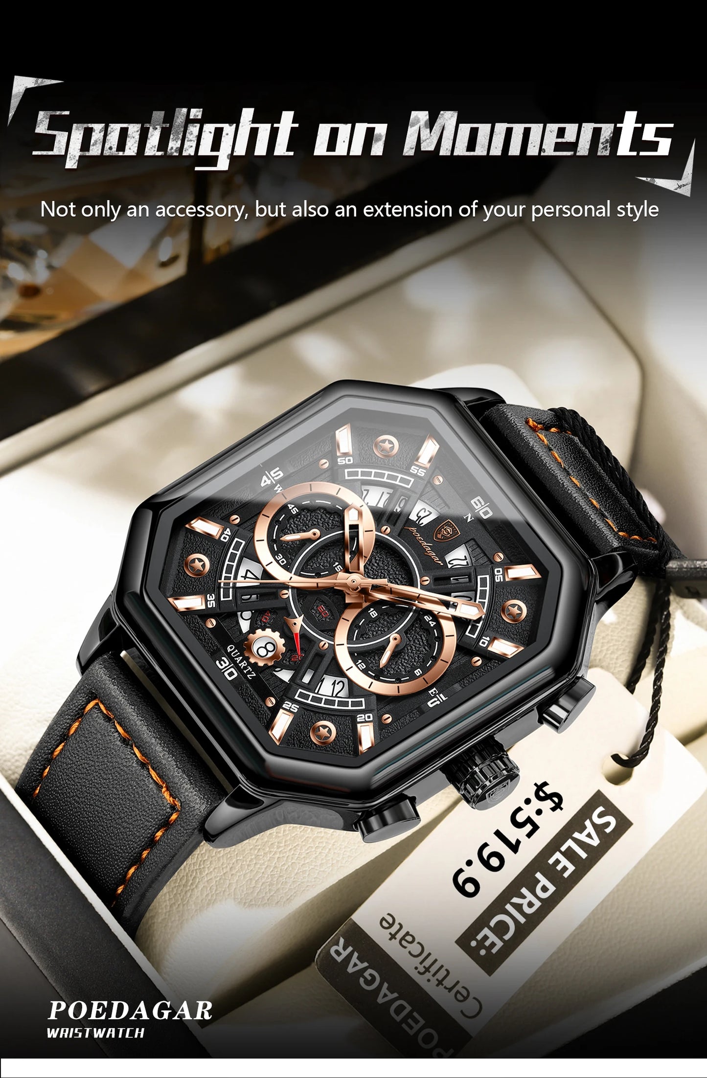 POEDAGAR Luxury Chronograph Square Man Watch Waterproof Luminous Date Men Watch Sports Leather Men's Watches Quartz Reloj Hombre