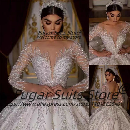 High-end O-neck Beading Bridal Wedding Dress Elegant Long Sleeve Sexy Ball Gown Long Bridal Solemn and Luxuly vestido de novia