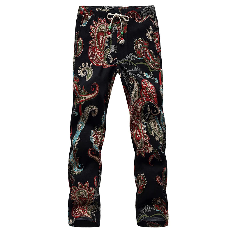 Summer New Cotton and Linen Pants Men's Printed Drawstring Ankle Length Pants Large Size S-6XL Male Slacks