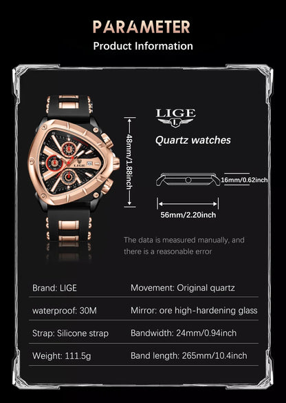 LIGE Luxury Fashion Quartz Man Watch Silicone Strap Irregular Triangle Creative Waterproof Luminous Wristwatch for Men Auto Date