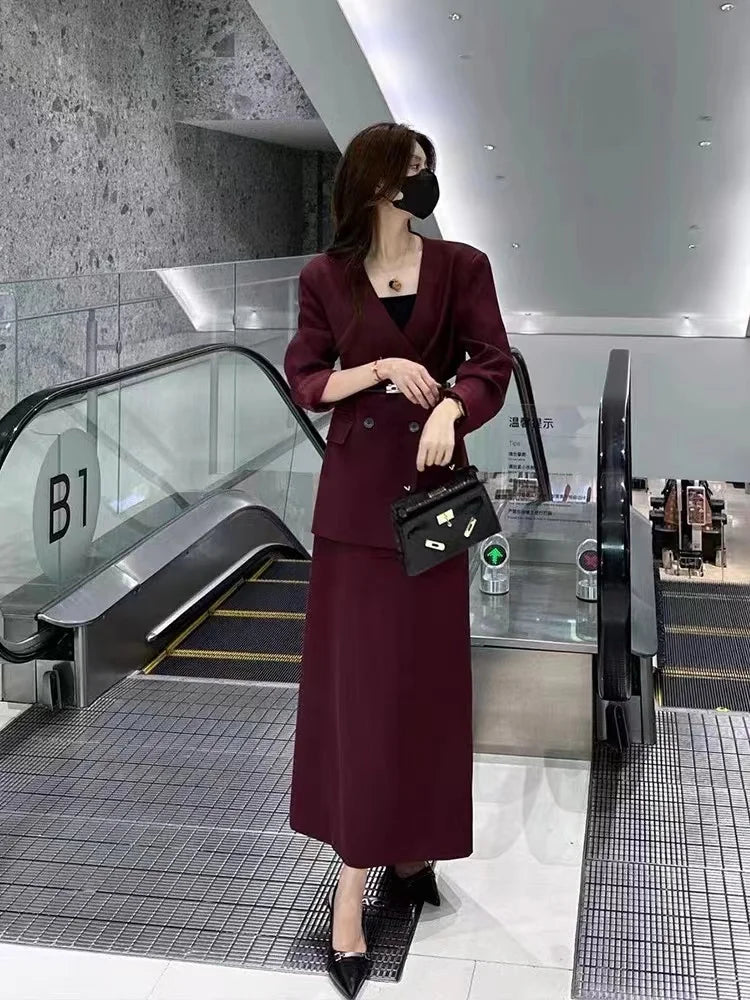 Korean Fashion Elegant Women Blazer Skirts Suit Casual Business Formal Suit Jackets Midi Saya 2 Pieces Set Female Chic Clothes