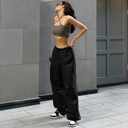 Women's casual European and American street fashion trend women's simple loose pants Drawstring waist casual work pants