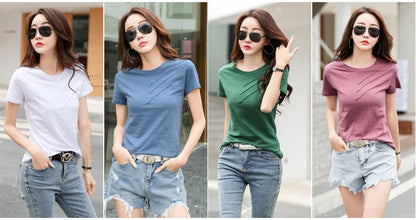 Summer Women Tee-Shirts Button Ribbed Cotton Top Loose Fashion T-shirts Women Streetwear Short Sleeve O-Neck Korean Tops