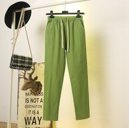 2023 Cotton Linen Women Pants Spring Summer Green Harem Pants Solid Elastic Waist Harem Trousers Soft High Quality Women's Pants