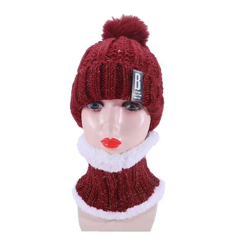 Warm Winter Skullies Beanies Knitted Hat Women Brand High Quality Winter Women Ball Ski Wool Fur Hat Pompoms Hats Knitted Scarf