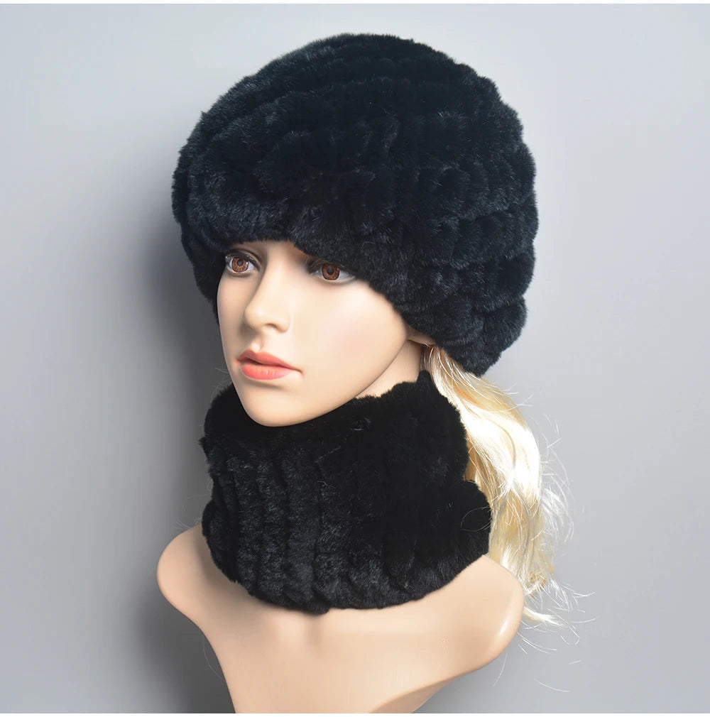 Women Knit Real Rex Rabbit Fur Hat Scarf Sets Natural Warm Rex Rabbit Fur Scarves Hat Winter Lady Real Rex Rabbit Fur Hat Scarf