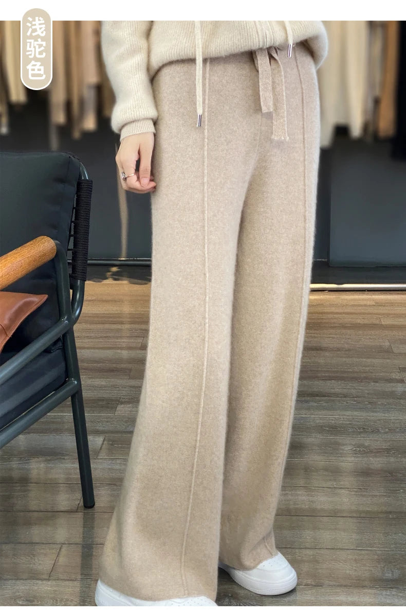 2023 autumn and winter new high-waisted wool mopping pants women's casual wide-leg pants hang out knitted woolen pants