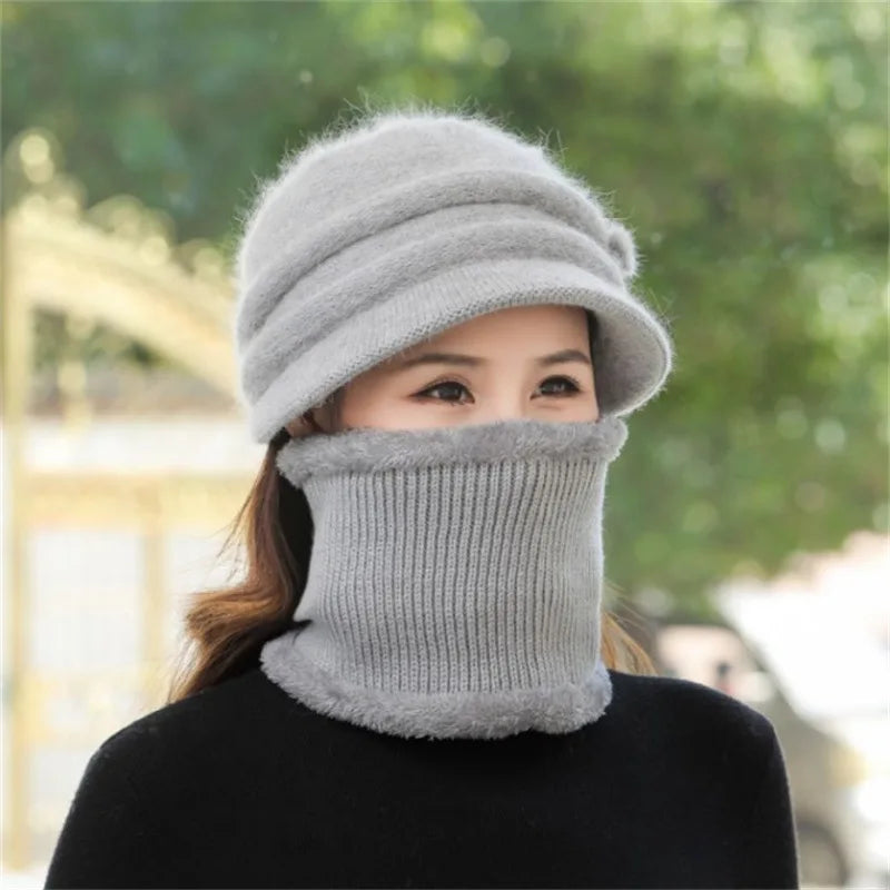 Women Winter Hat Keep Warm Cap Add Fur Lined CAPS And Scarf Set Warm For Female Casual Rabbit Fur Winter Knitted Bonnet