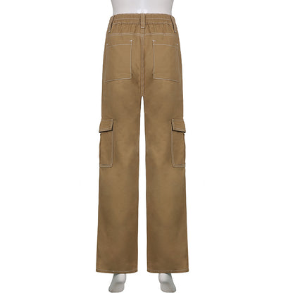 Women Solid Color Cargo Pants High Waist Straight-leg Buckle Jeans with Pockets Khaki Brown Baggy Casual Trousers