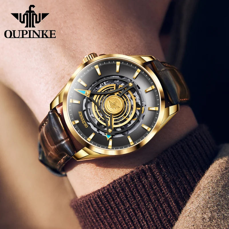 OUPINKE 3206 Automatic Men's Watches Fashion Hollow Skeleton Luxury Original Mechanical Wristwatch Top Sapphire Mirror Man Watch