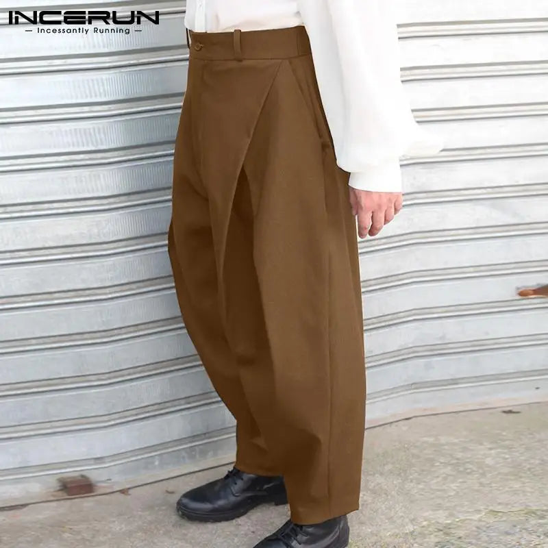 INCERUN 2024 Men Pants Solid Color Button Streetwear Joggers Loose Trousers Men Pleated Pockets Fashion Casual Long Pants S-5XL