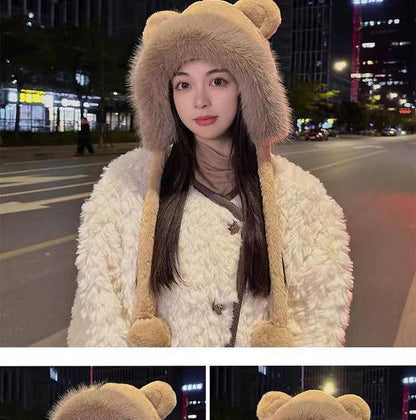 Winter Bear Plush Hat Outdoor Cycling Ear Protection Hat Thickened Warm Hat Casual Fleece Girls Hat Women's Warmth Essentials