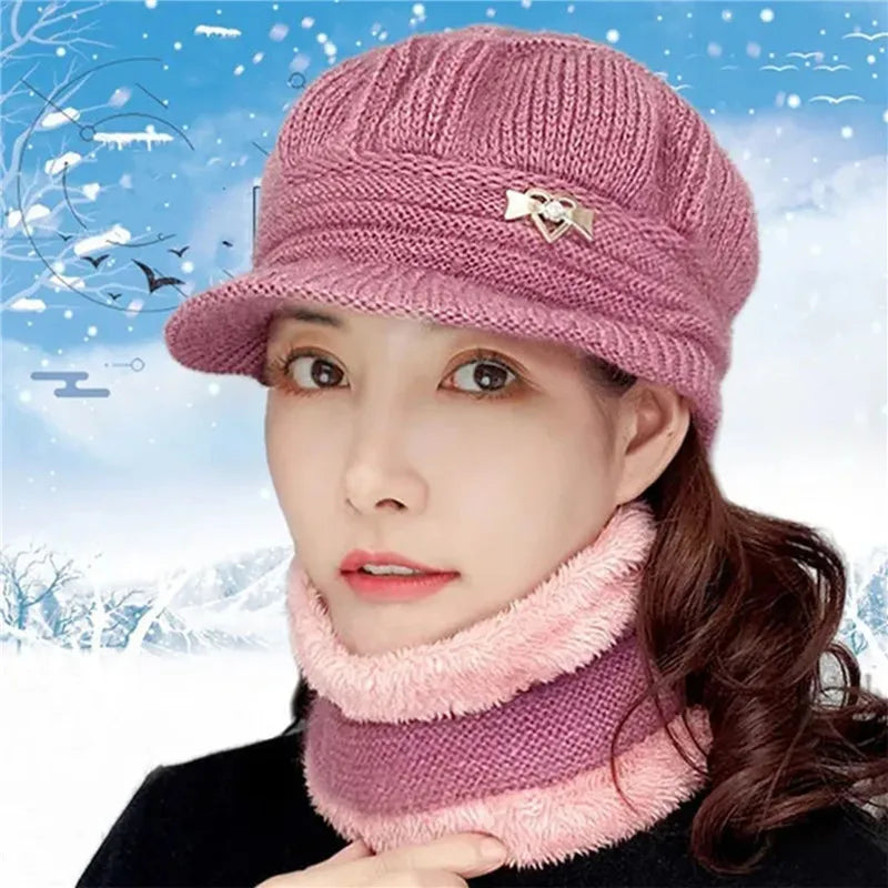 Knitted Hat Women Warm Winter Hats For Women Ladies Beanie Girls Skullies Femme SnapBack Warm Plush Hat Sombrero Mujer Scarf Set