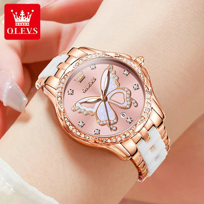 OLEVS 5610 Women's Watches Diamond Butterfly Design Dial Ceramic Strap Waterproof New Fashion Young Girl's Watches Set Gift