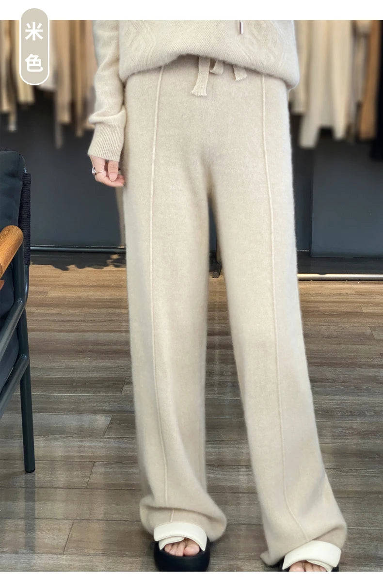 2023 autumn and winter new high-waisted wool mopping pants women's casual wide-leg pants hang out knitted woolen pants